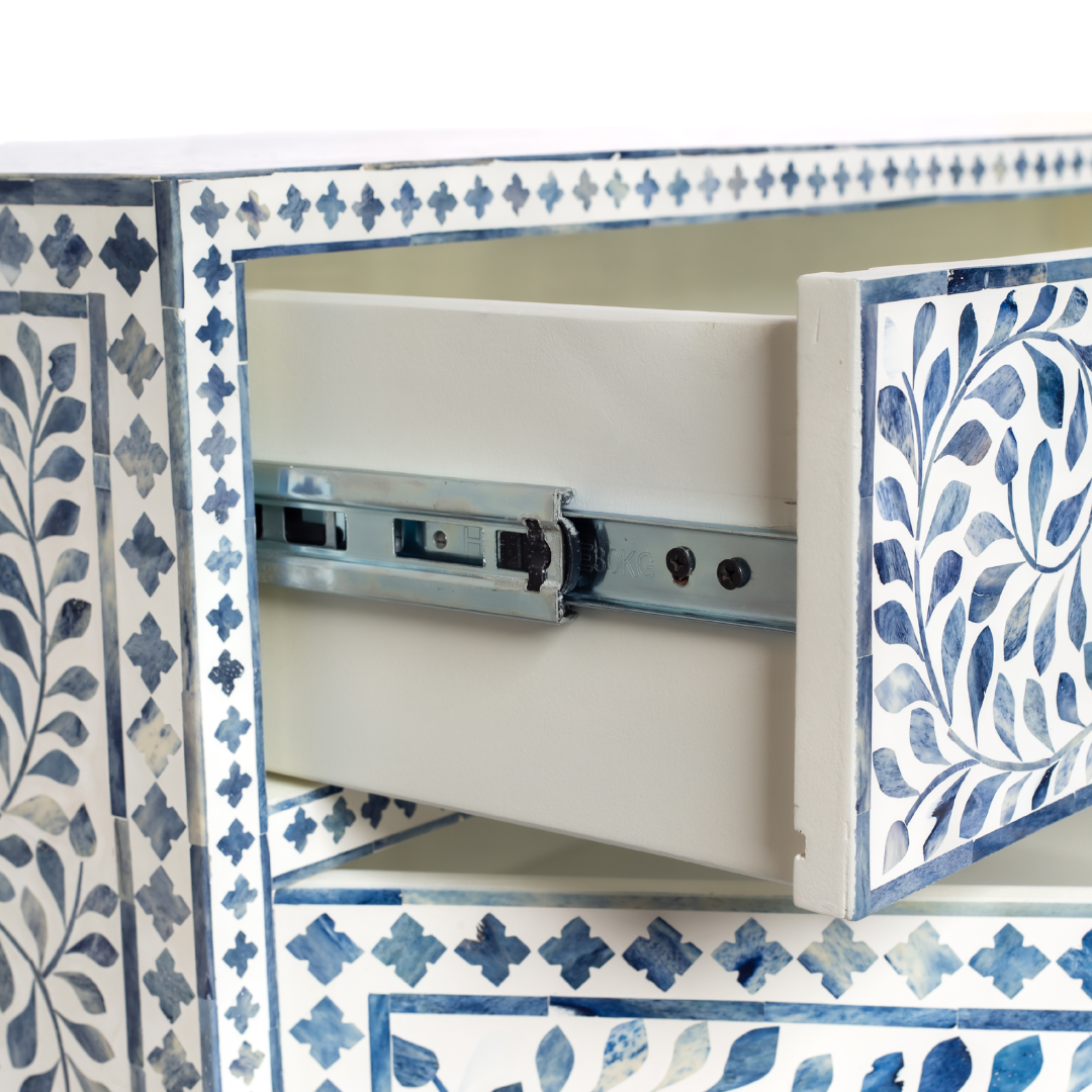 Featuring a beautiful floral sideboard in Dyed Blue Bone Inlay with intricate hand inlaid work. Part of the Jade Collection - this buffet can be used as at an entryway or as a cutlery storage unit.