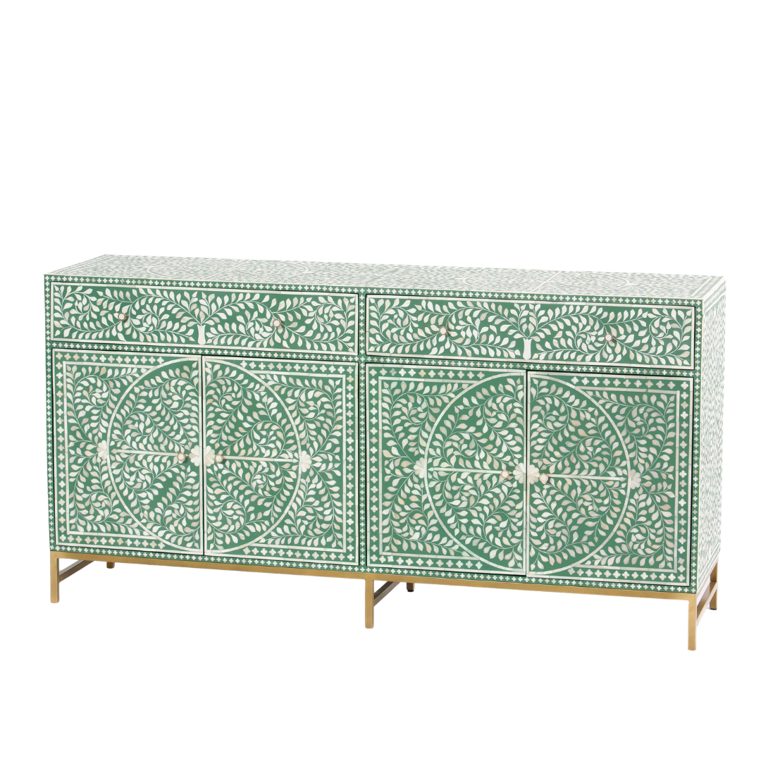 Featuring a beautiful floral sideboard in Green Bone Inlay with intricate hand inlaid work. Part of the Jade Collection - this buffet can be used as at an entryway or as a cutlery storage unit.
