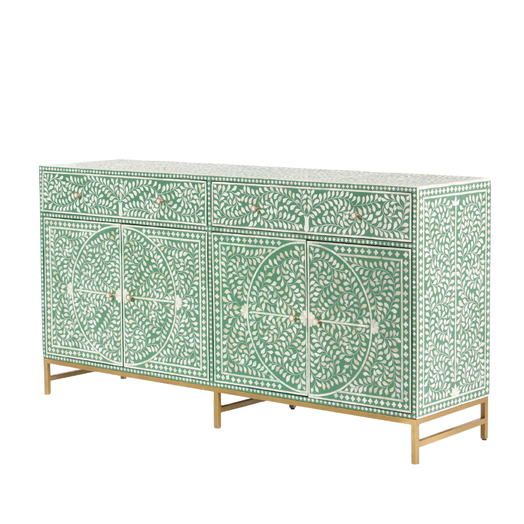 Featuring a beautiful floral sideboard in Green Bone Inlay with intricate hand inlaid work. Part of the Jade Collection - this buffet can be used as at an entryway or as a cutlery storage unit.