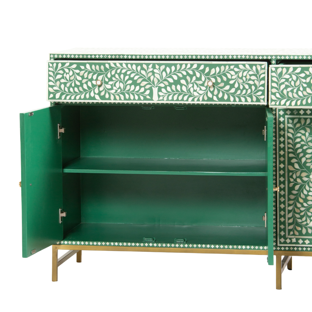 Featuring a beautiful floral sideboard in Green Bone Inlay with intricate hand inlaid work. Part of the Jade Collection - this buffet can be used as at an entryway or as a cutlery storage unit.
