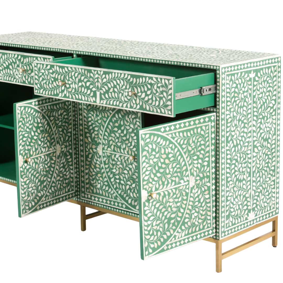 Featuring a beautiful floral sideboard in Green Bone Inlay with intricate hand inlaid work. Part of the Jade Collection - this buffet can be used as at an entryway or as a cutlery storage unit.
