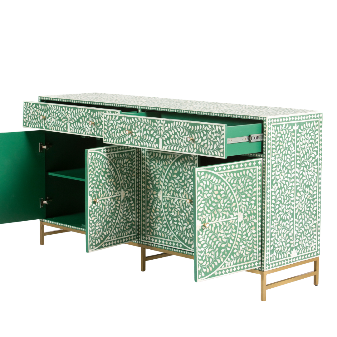 Featuring a beautiful floral sideboard in Green Bone Inlay with intricate hand inlaid work. Part of the Jade Collection - this buffet can be used as at an entryway or as a cutlery storage unit.