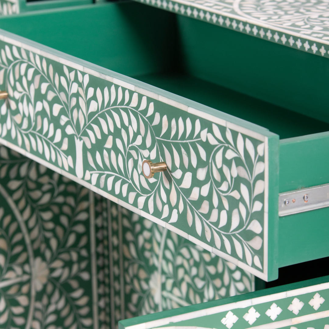 Featuring a beautiful floral sideboard in Green Bone Inlay with intricate hand inlaid work. Part of the Jade Collection - this buffet can be used as at an entryway or as a cutlery storage unit.