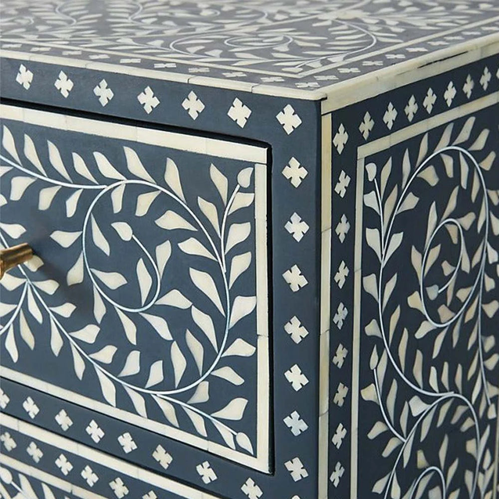 Handcrafted Navy Blue Bone Inlay Sideboard with intricate Bone Inlay, featuring floral pattern and sleek metal legs. A luxurious storage solution for any space.