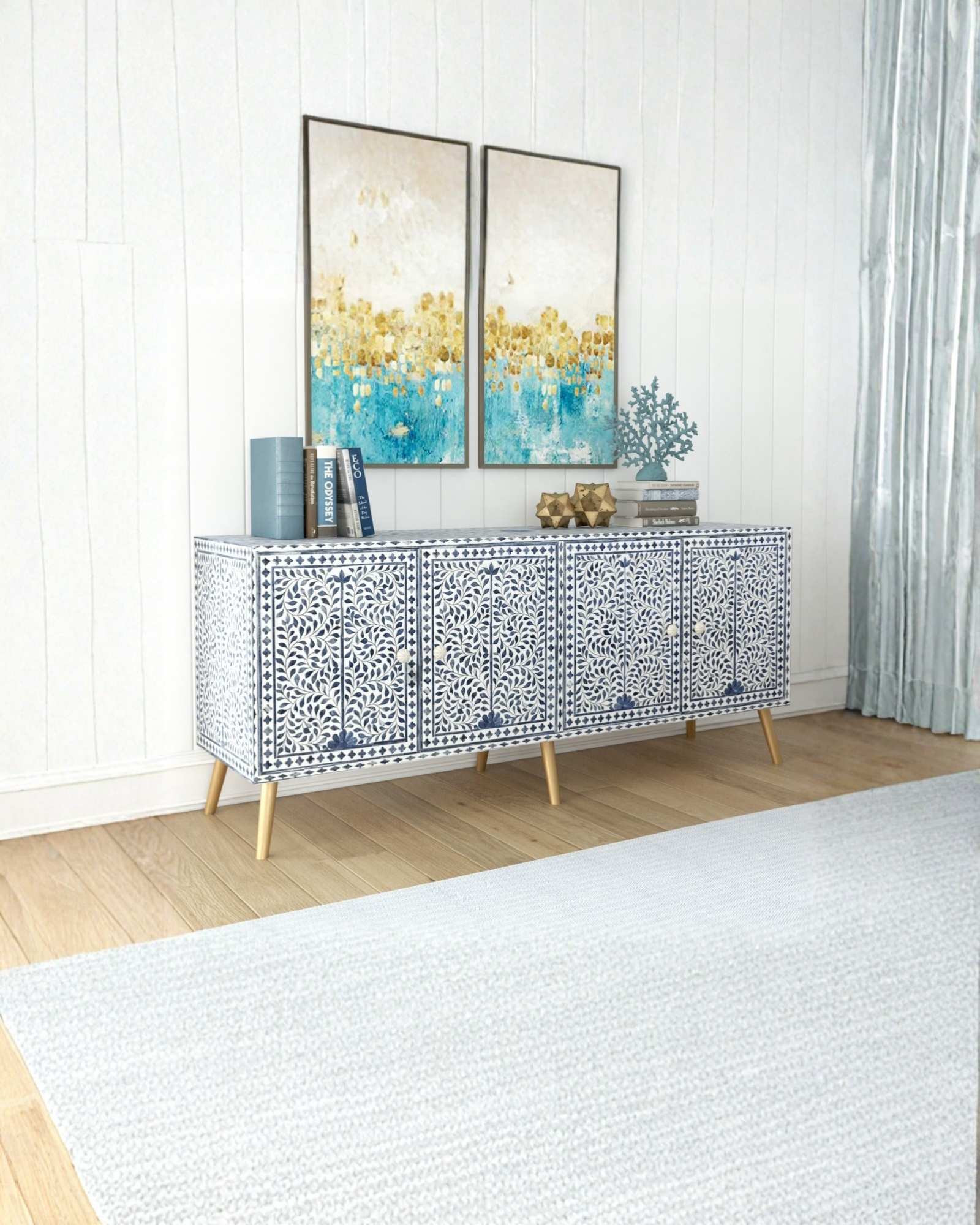 Jade TV Unit Cabinet - Blue & White Bone Inlay - Tabeer Homes