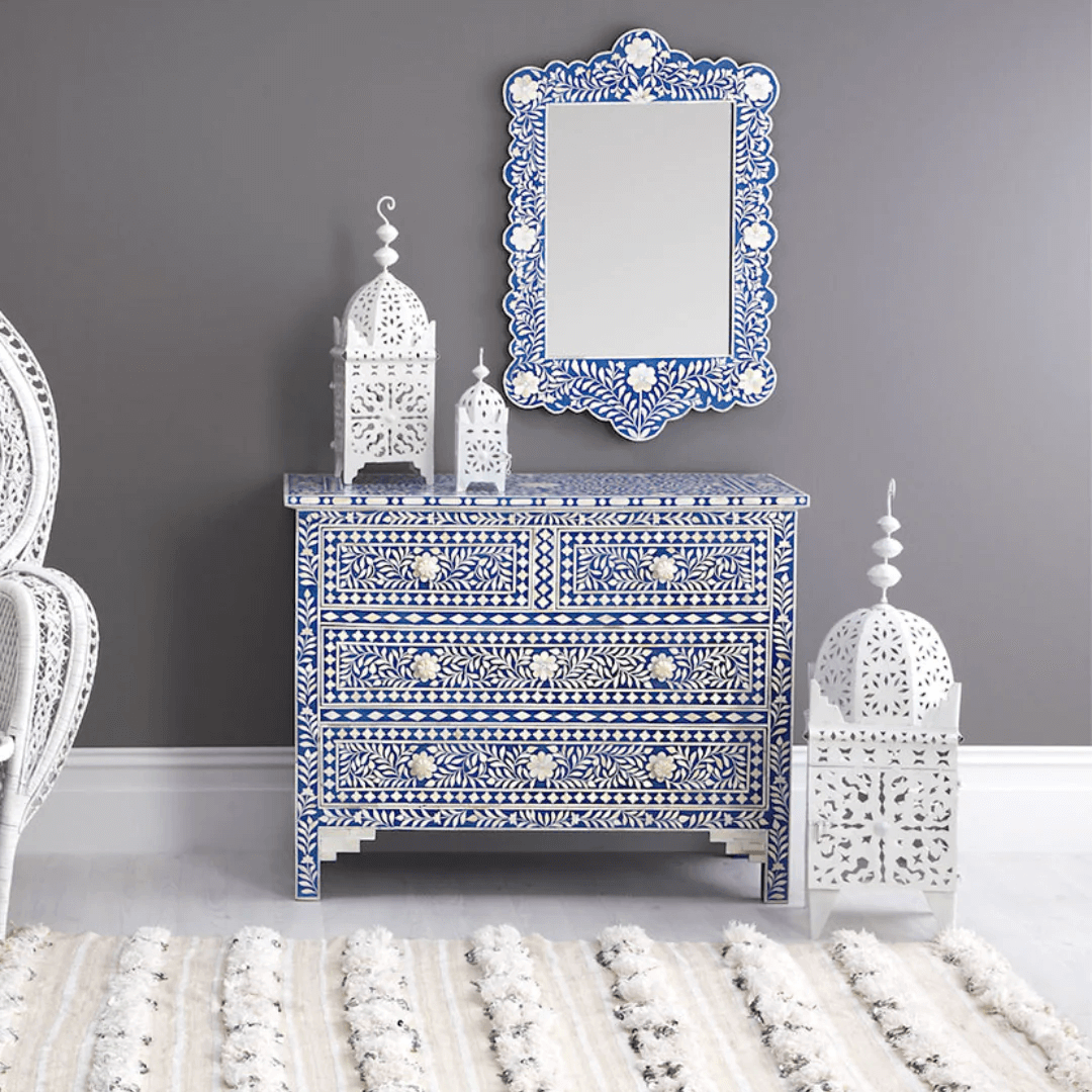 Featuring a Grey Bone Inlay Chest of Drawer in floral pattern, the Jade collection enhances your space with intricately handcrafted designs that elevate your home and living aesthetics.
