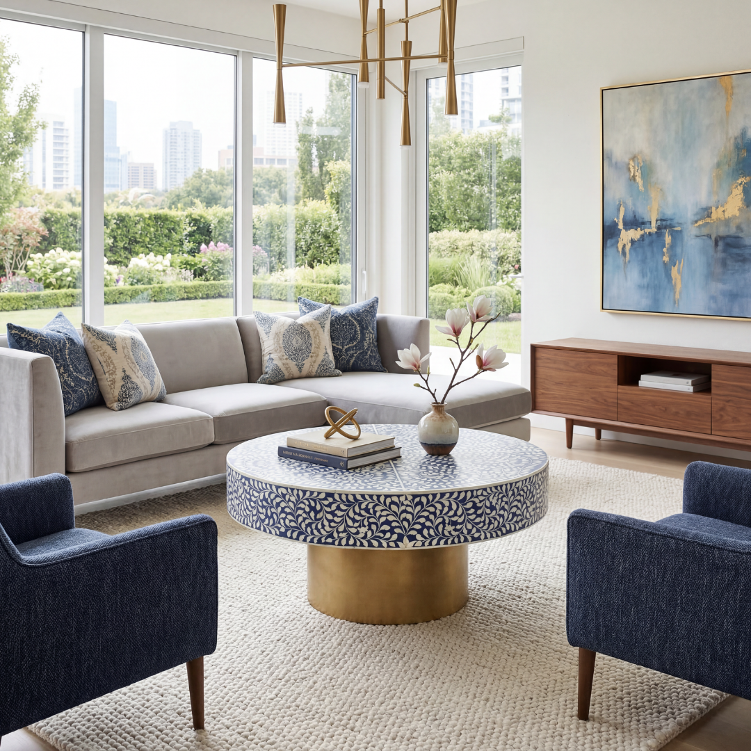 Bone inlay coffee table featuring intricate floral vine pattern in blue and white, handcrafted furniture piece