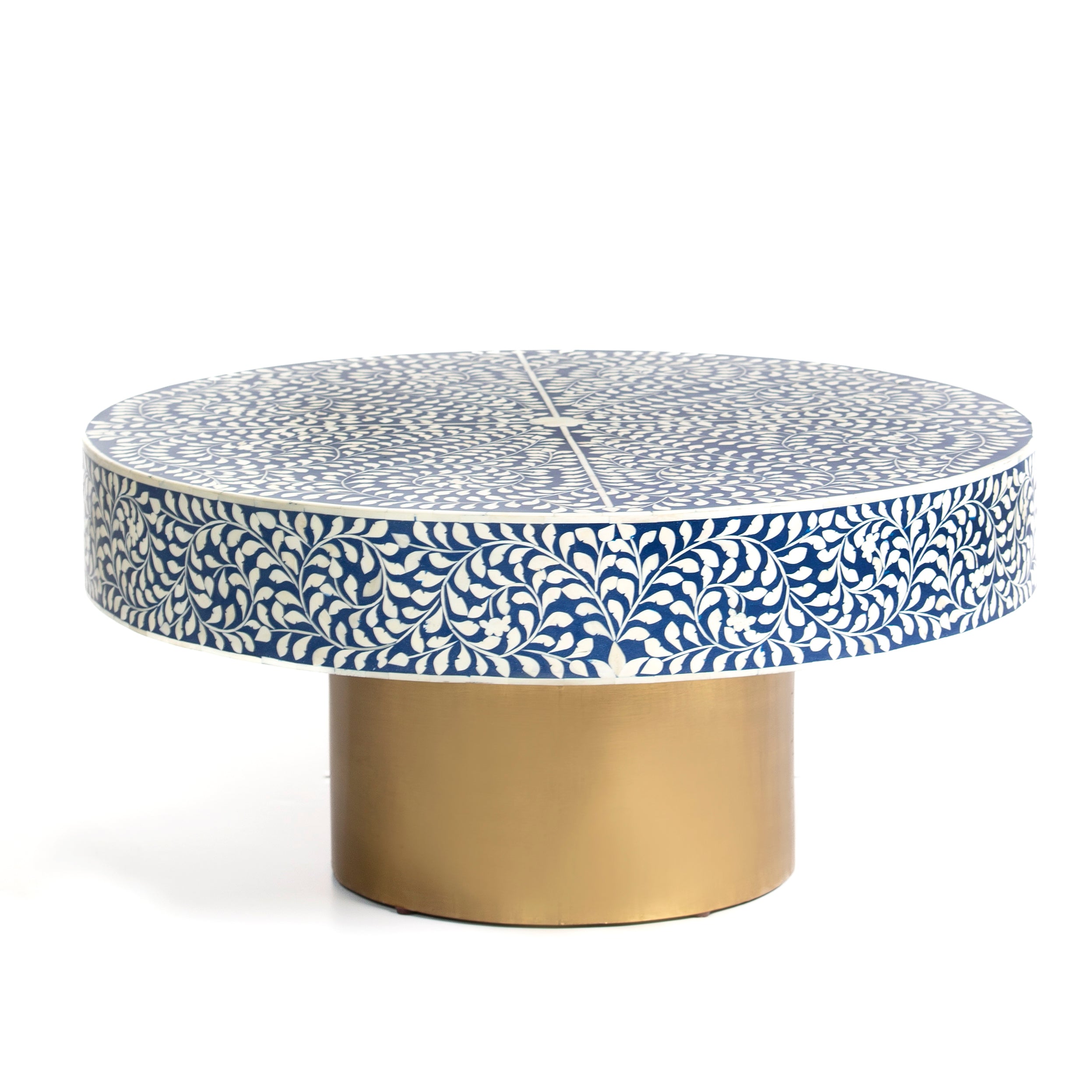 Bone inlay coffee table featuring intricate floral vine pattern in blue and white, handcrafted furniture piece