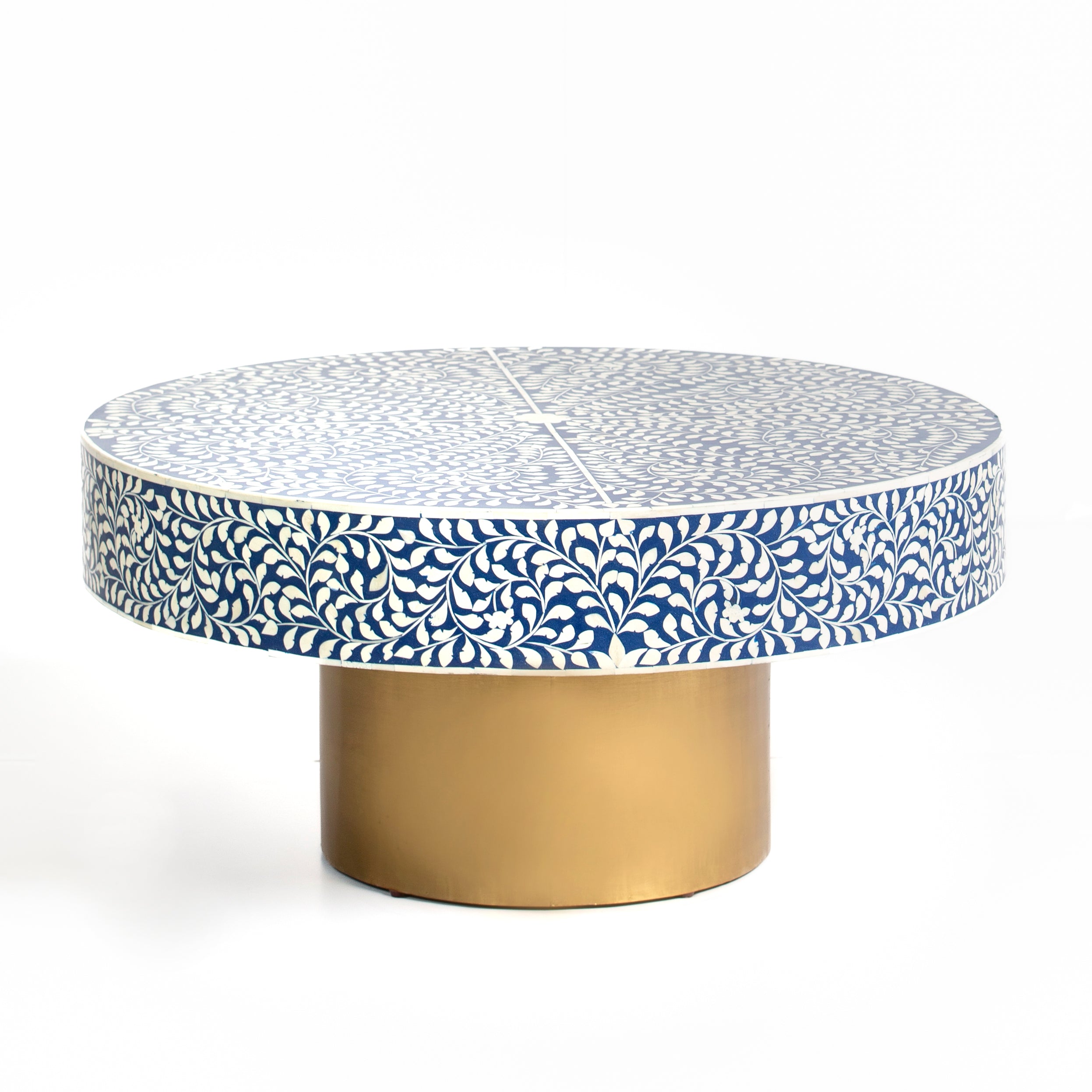 Bone inlay coffee table featuring intricate floral vine pattern in blue and white, handcrafted furniture piece