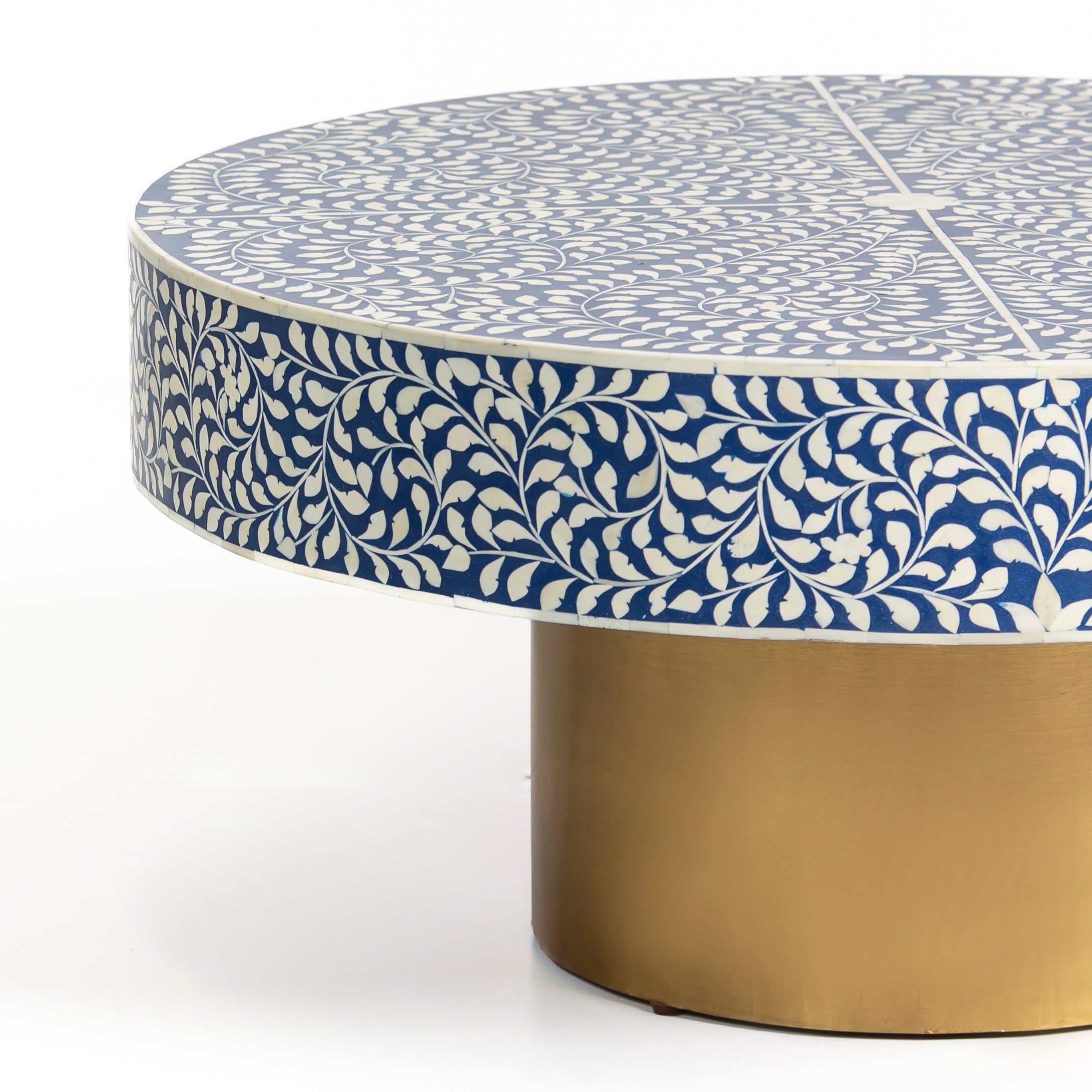 Bone inlay coffee table featuring intricate floral vine pattern in blue and white, handcrafted furniture piece