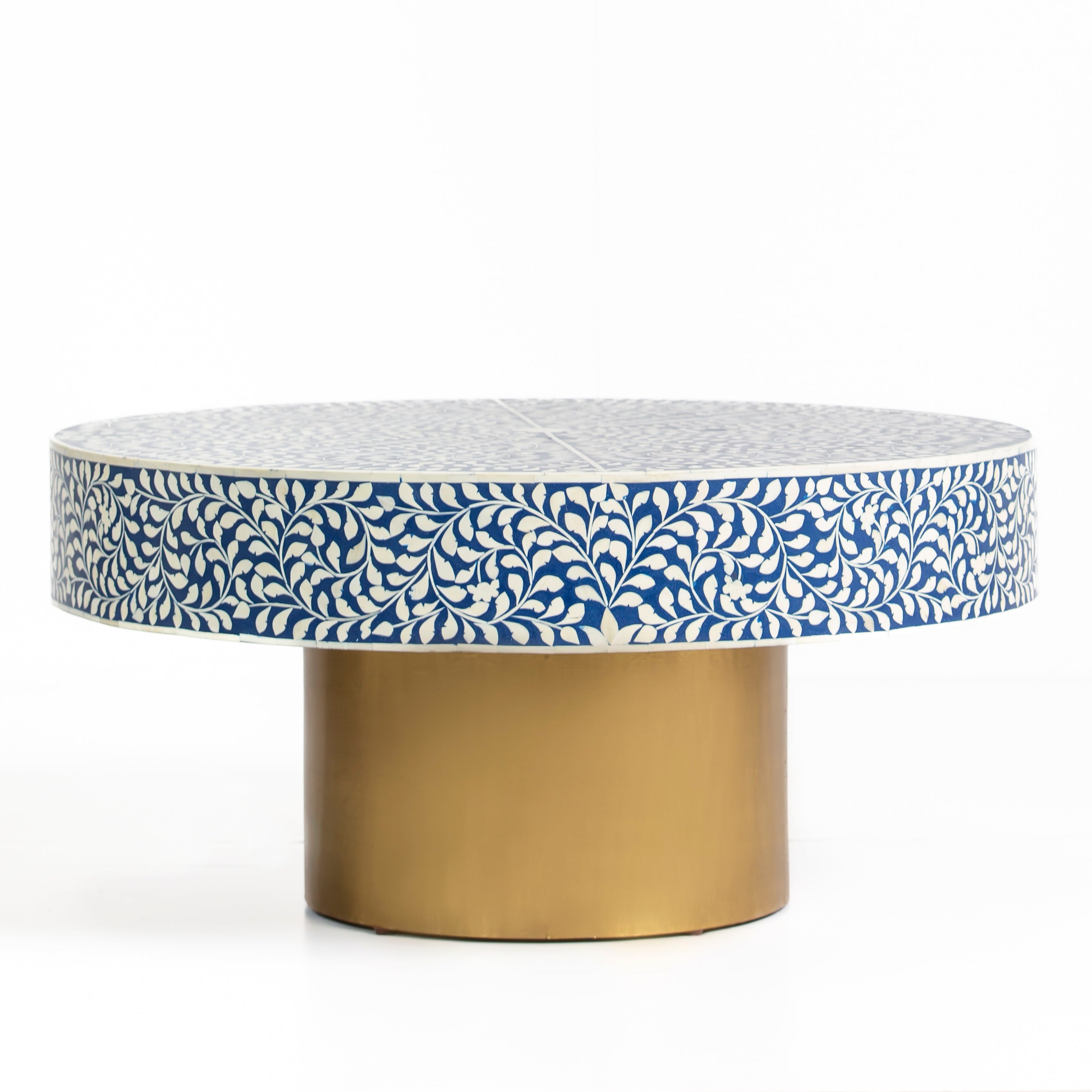 Bone inlay coffee table featuring intricate floral vine pattern in blue and white, handcrafted furniture piece