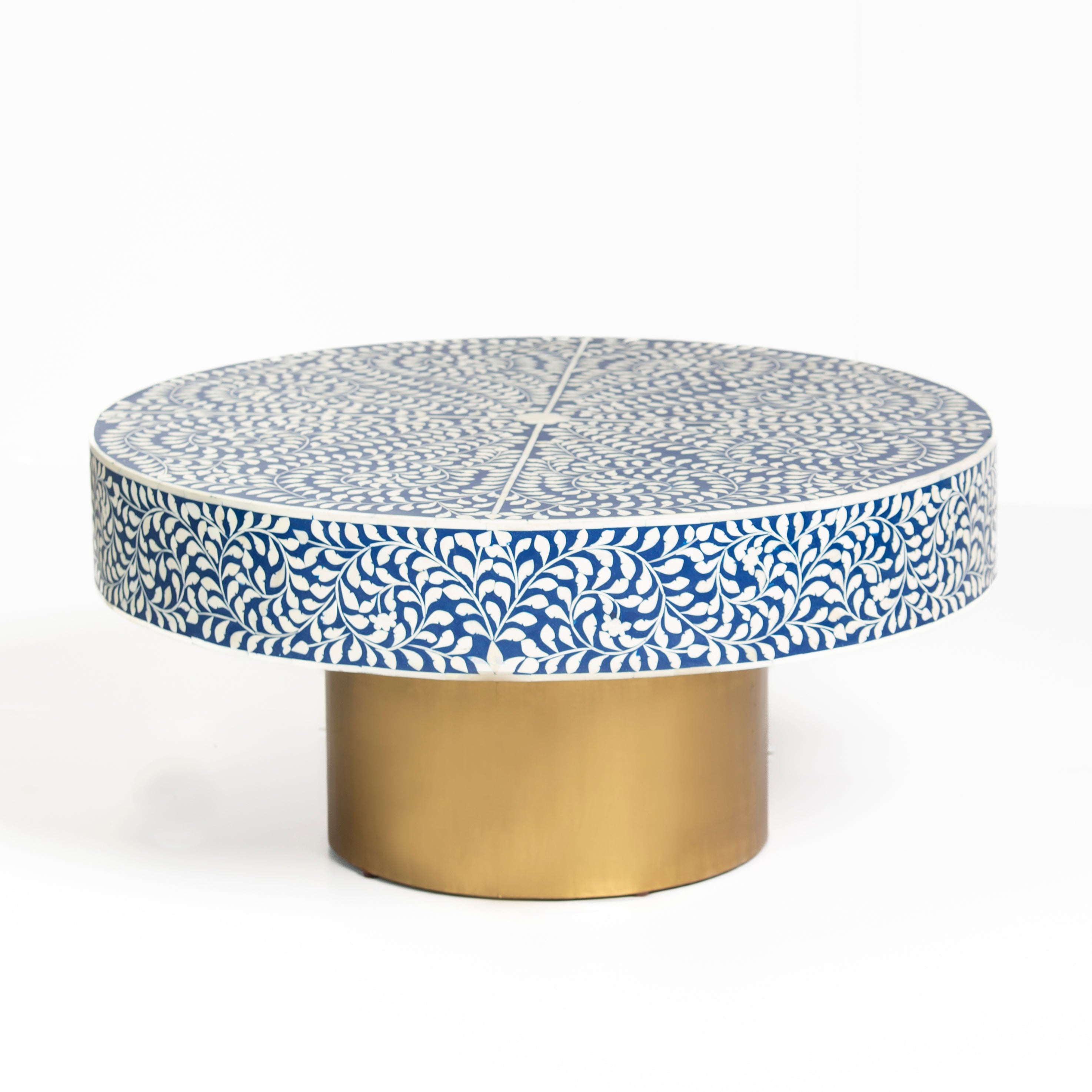 Bone inlay coffee table featuring intricate floral vine pattern in blue and white, handcrafted furniture piece