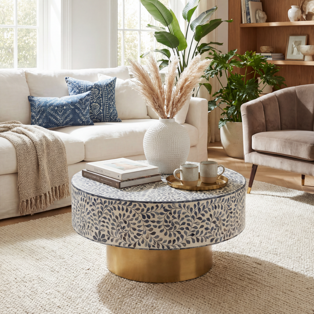 Handcrafted Jade coffee table featuring intricate blue bone inlay detailing with a round silhouette and brushed brass base.