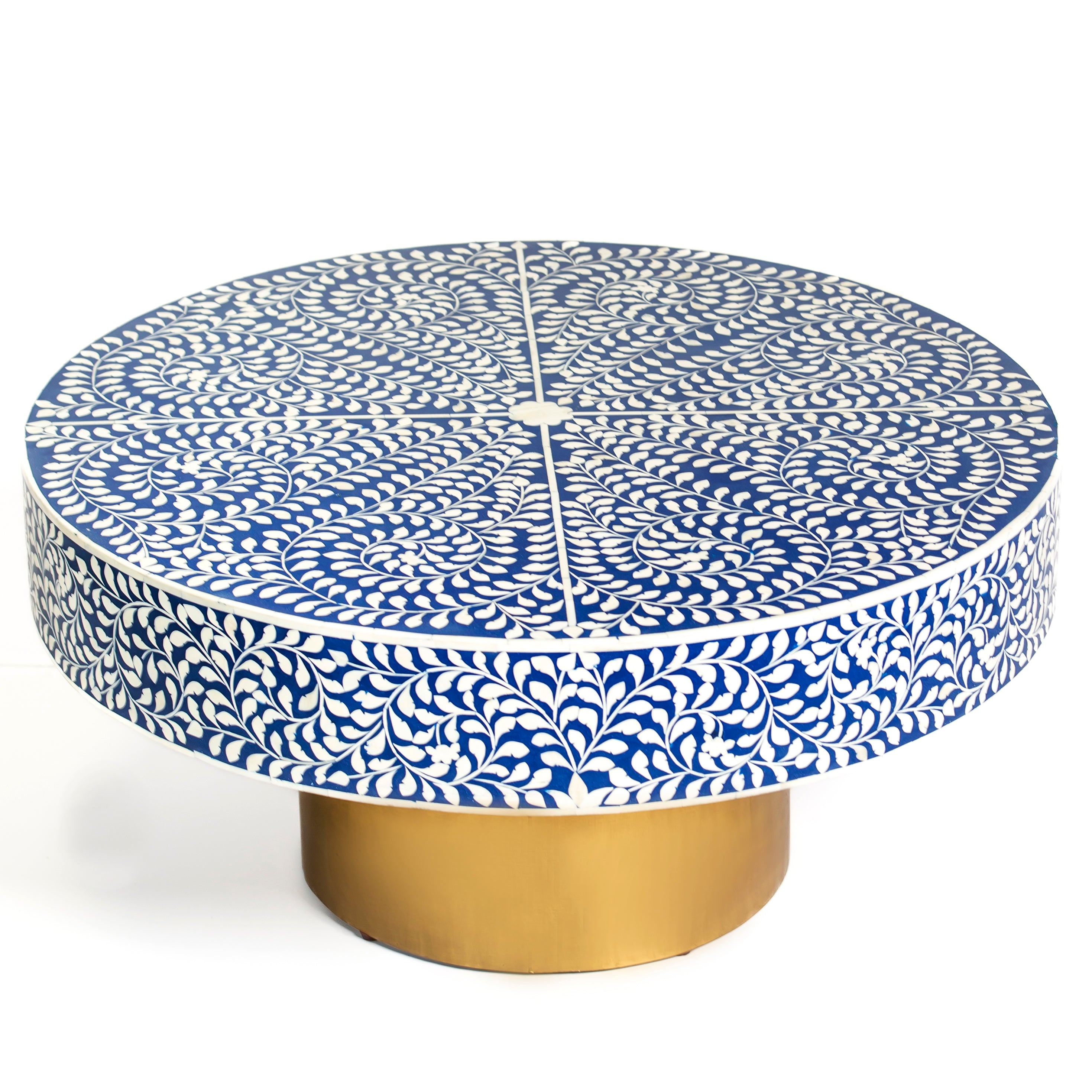 Bone inlay coffee table featuring intricate floral vine pattern in blue and white, handcrafted furniture piece