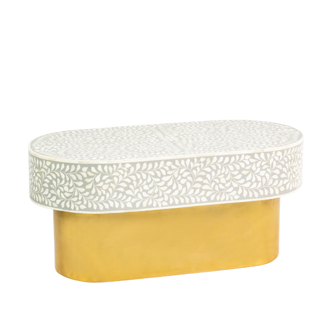 Elegant grey bone inlay coffee table with a gold base. Compact, handcrafted and eye-catching – a timeless addition to your space.