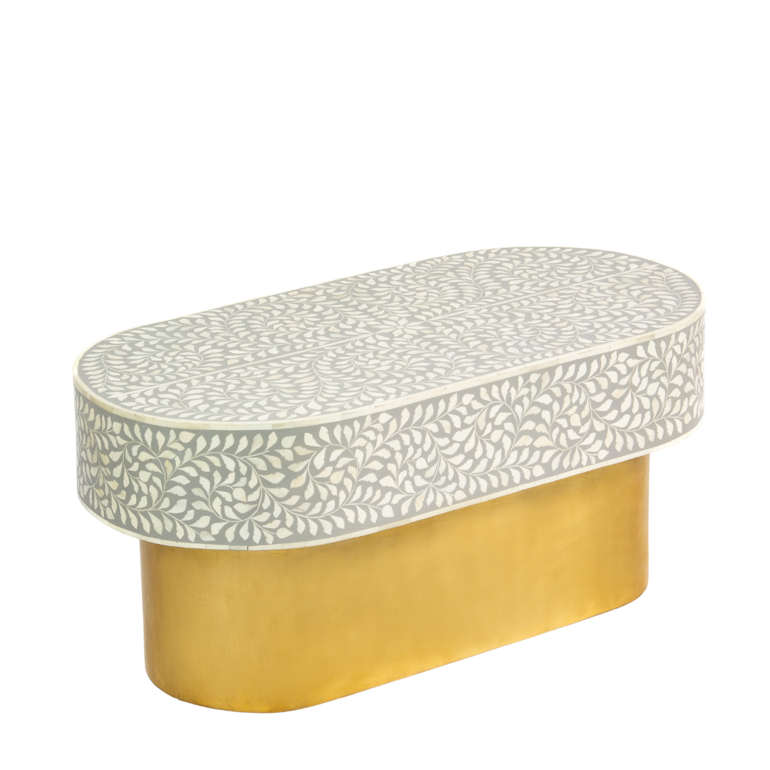 Elegant grey bone inlay coffee table with a gold base. Compact, handcrafted and eye-catching – a timeless addition to your space.