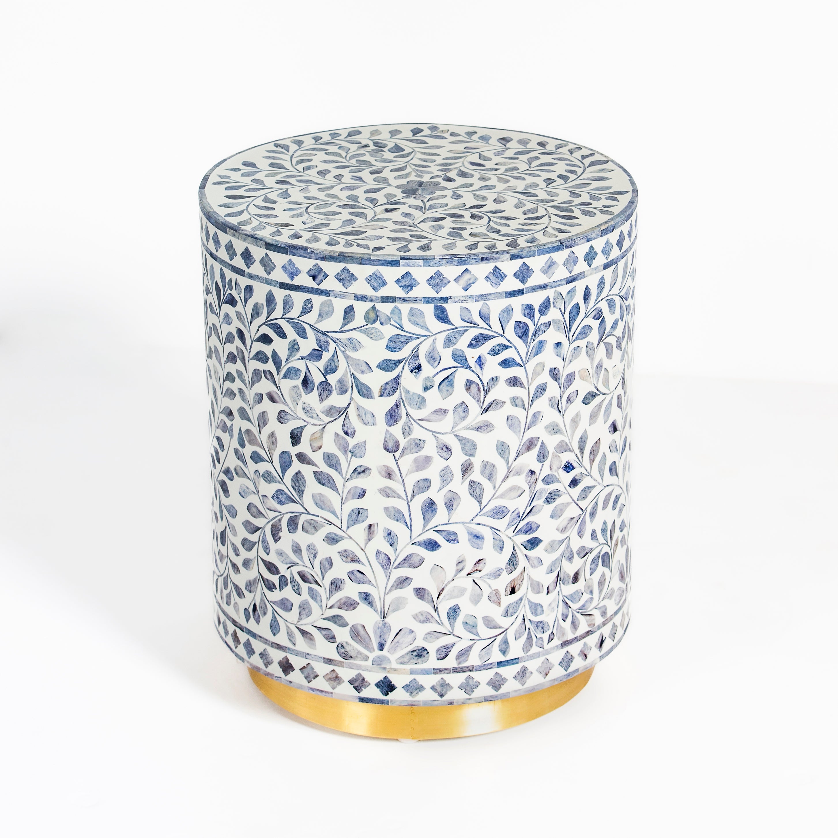 Handcrafted Jade side table featuring intricate blue bone inlay with a cylindrical silhouette and refined artisanal detailing.