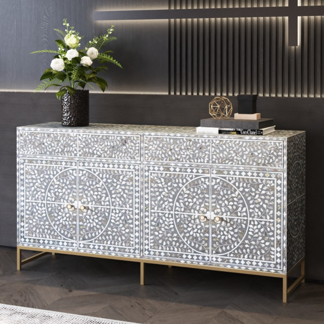Handcrafted Grey Sideboard Cabinet with intricate Mother of Pearl inlay, featuring a floral pattern and sleek Metal legs. A luxurious storage solution for any space.