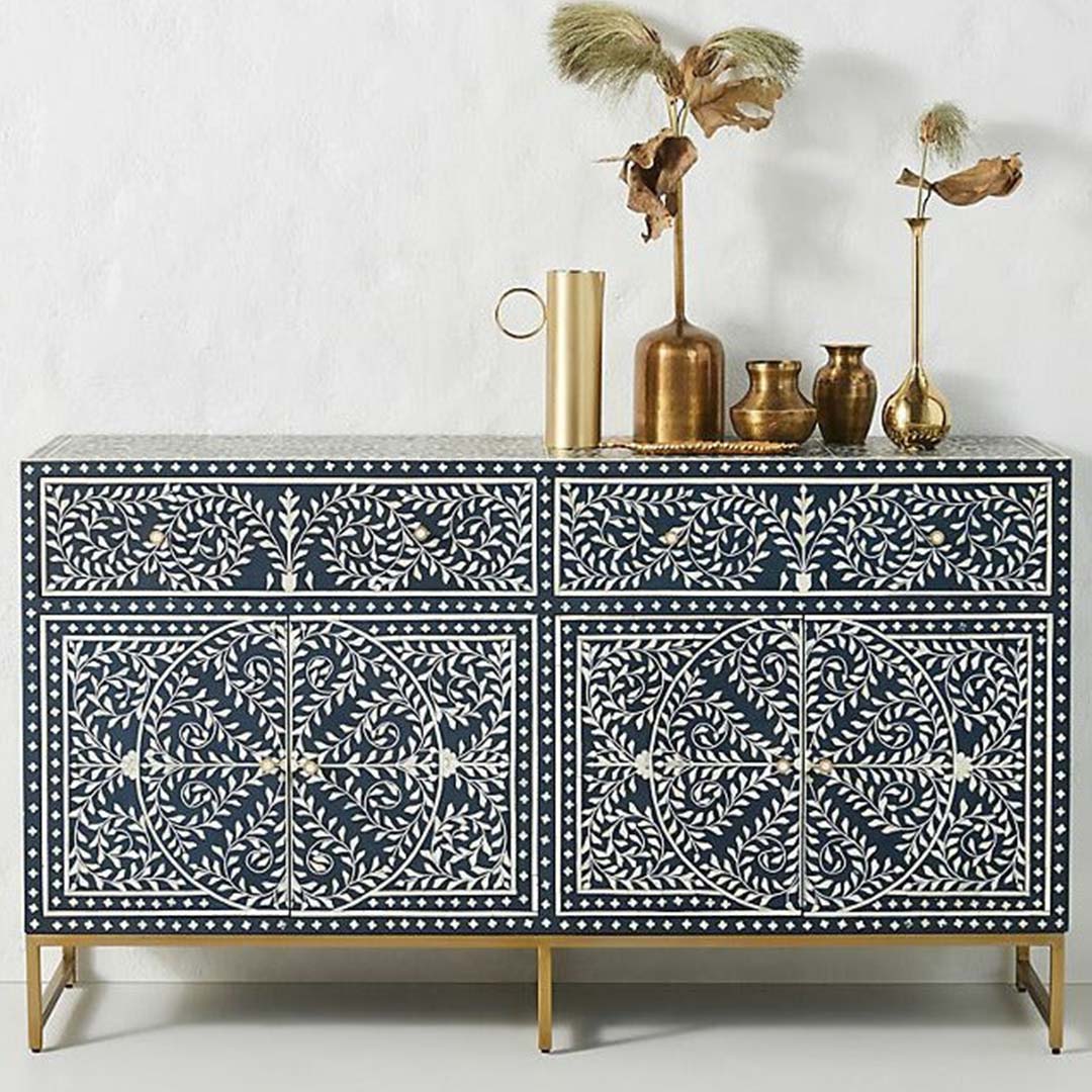 Handcrafted Navy Blue Bone Inlay Sideboard with intricate Bone Inlay, featuring floral pattern and sleek metal legs. A luxurious storage solution for any space.