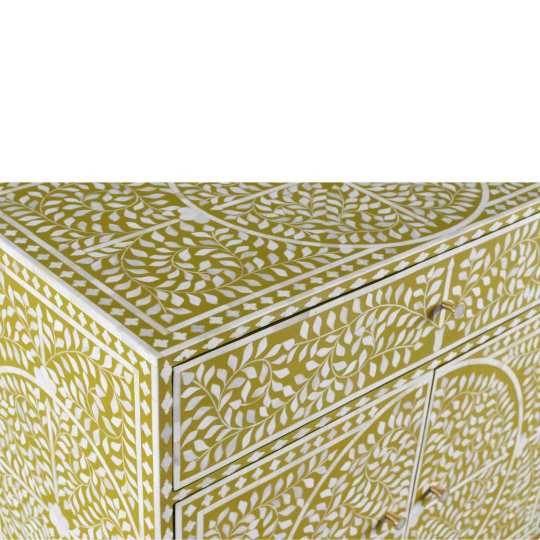 Yellow bone inlay sideboard buffet with floral pattern, four doors, two drawers, and gold metal base, handcrafted design.