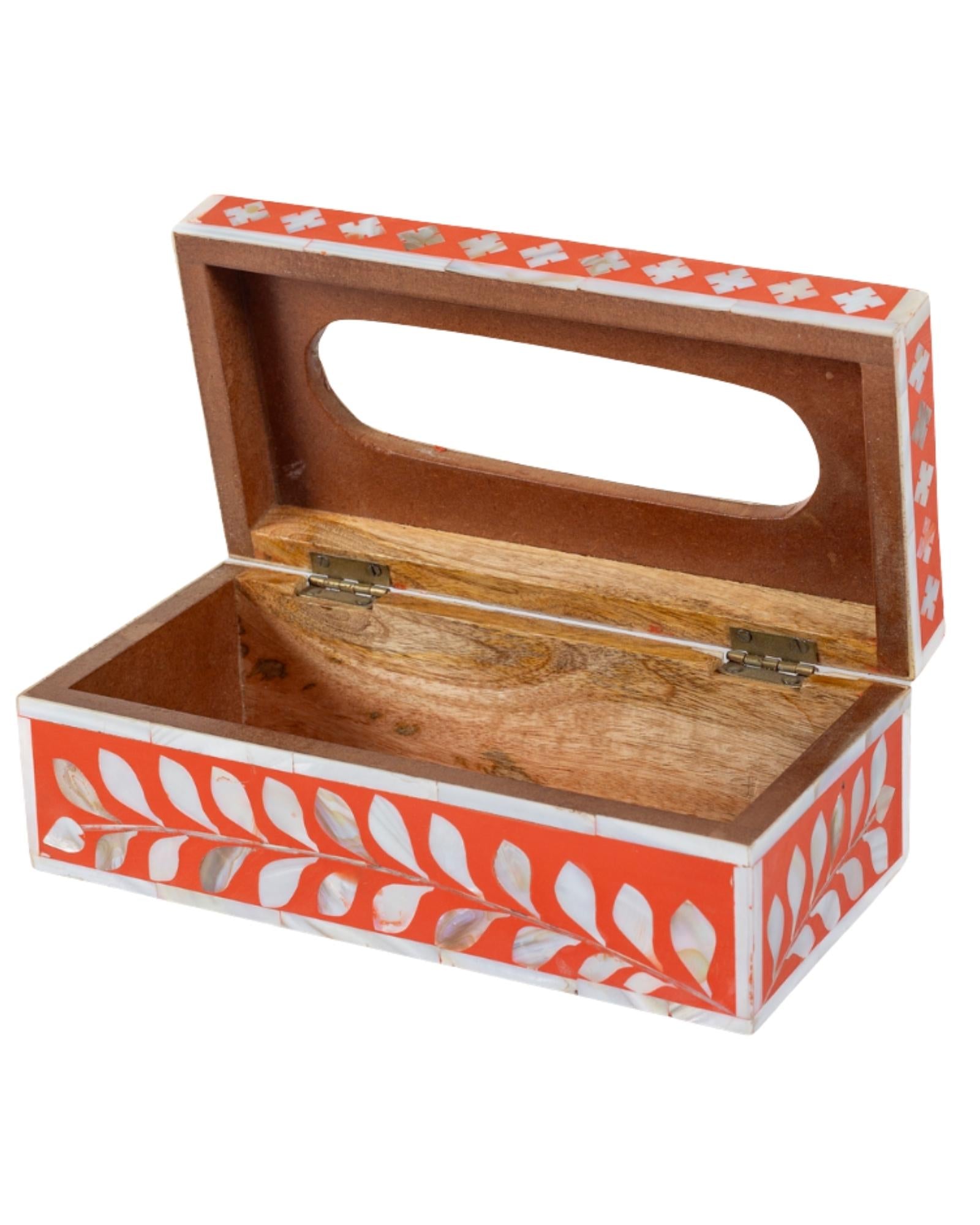 Orange mother of pearl inlay tissue box with floral pattern, handcrafted decorative tissue holder in wood.