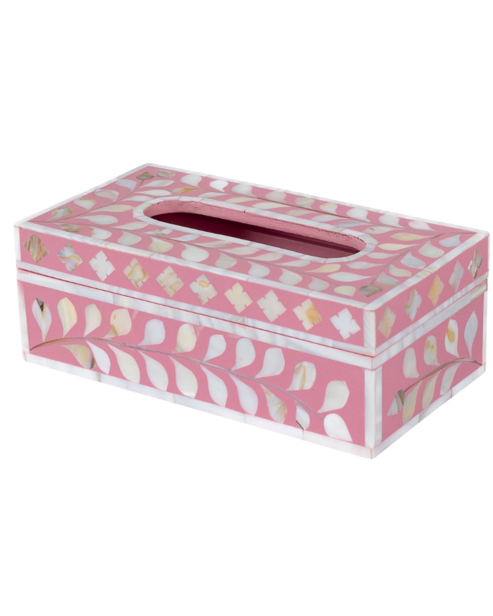 Pink mother of pearl inlay tissue box with floral pattern, handcrafted decorative tissue holder in wood.