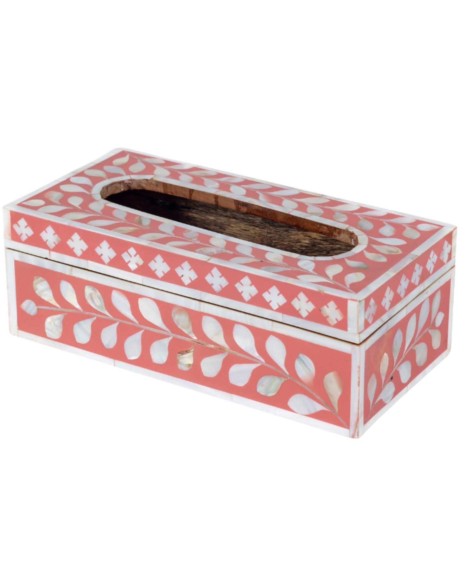 Pink mother of pearl inlay tissue box with floral pattern, handcrafted decorative tissue holder in wood.