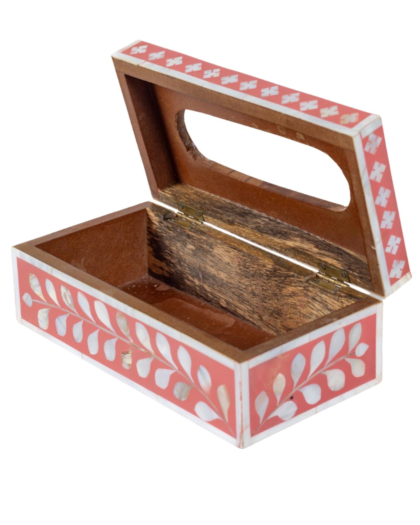 Pink mother of pearl inlay tissue box with floral pattern, handcrafted decorative tissue holder in wood.