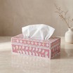 Pink mother of pearl inlay tissue box with floral pattern, handcrafted decorative tissue holder in wood