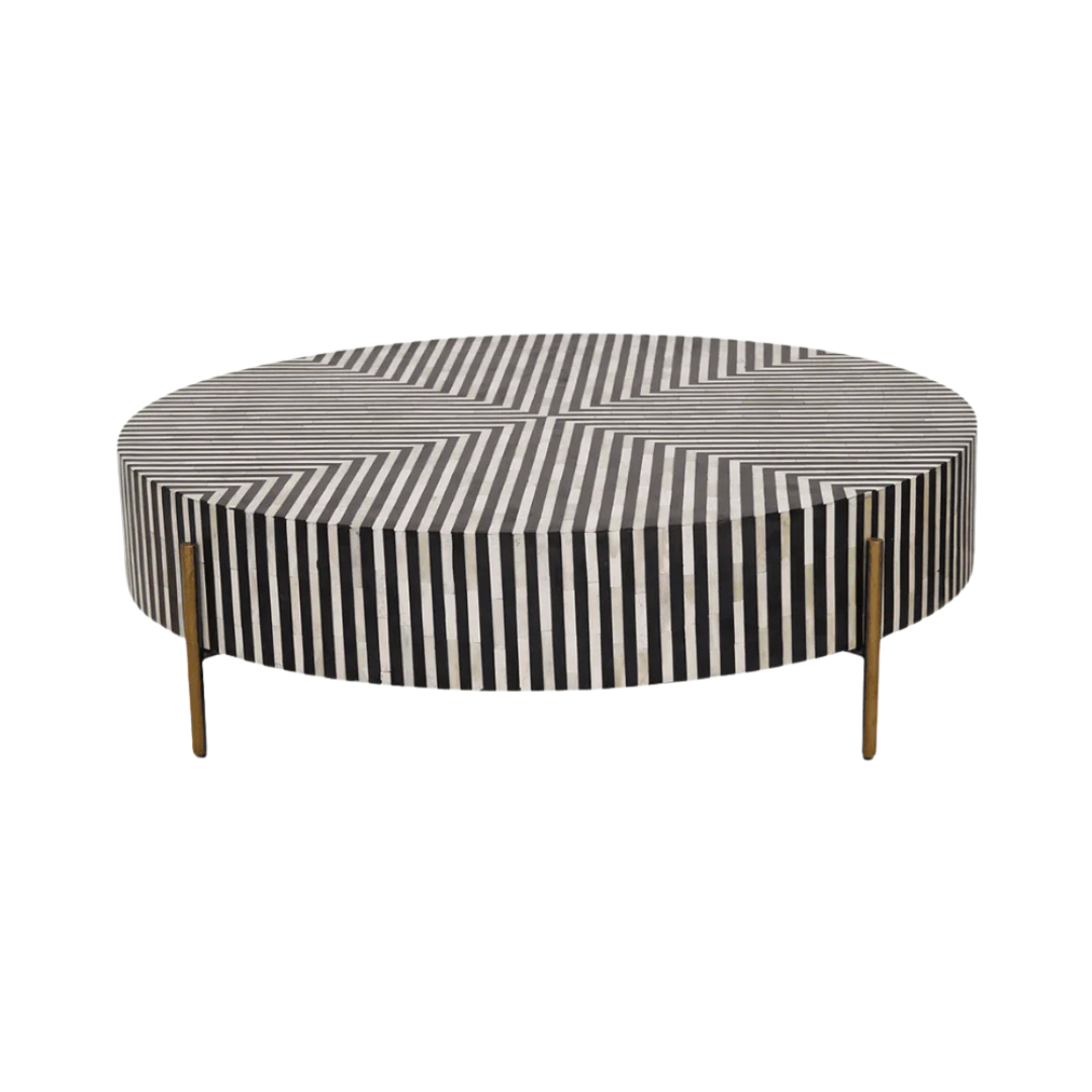 Round black bone inlay coffee table with striped design and brass legs