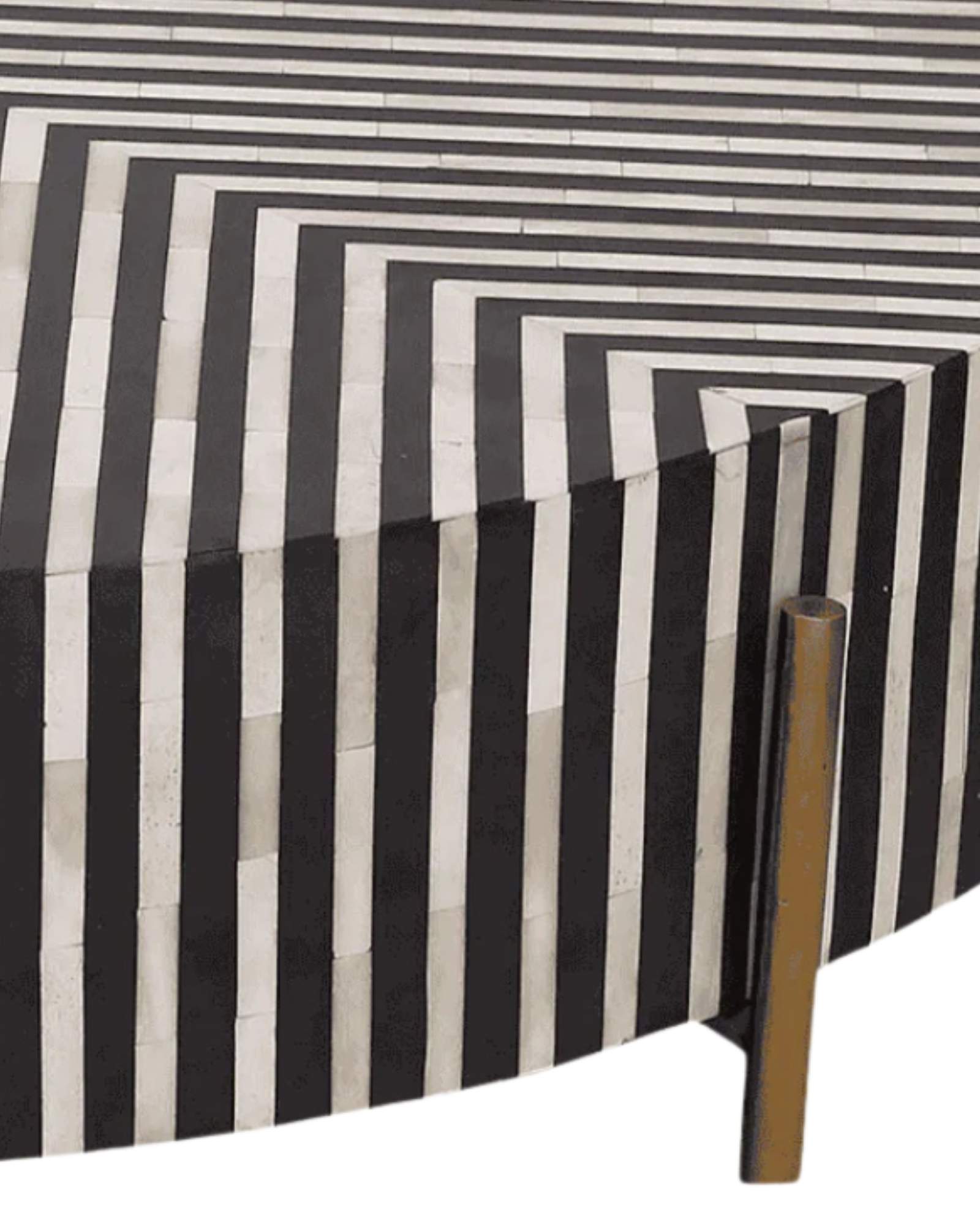 Round black bone inlay coffee table with striped design and brass legs.