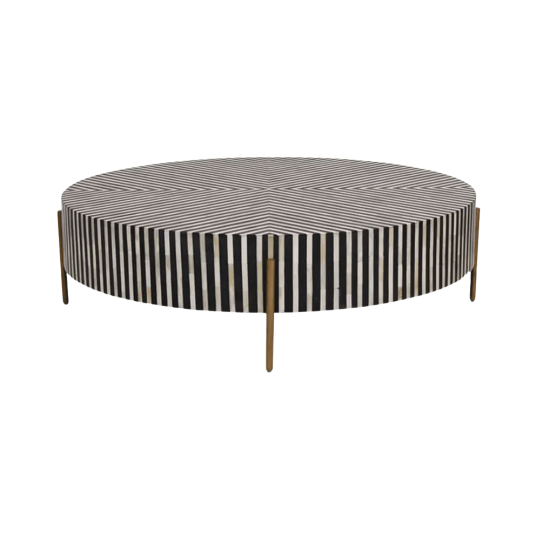 Round black bone inlay coffee table with striped design and brass legs