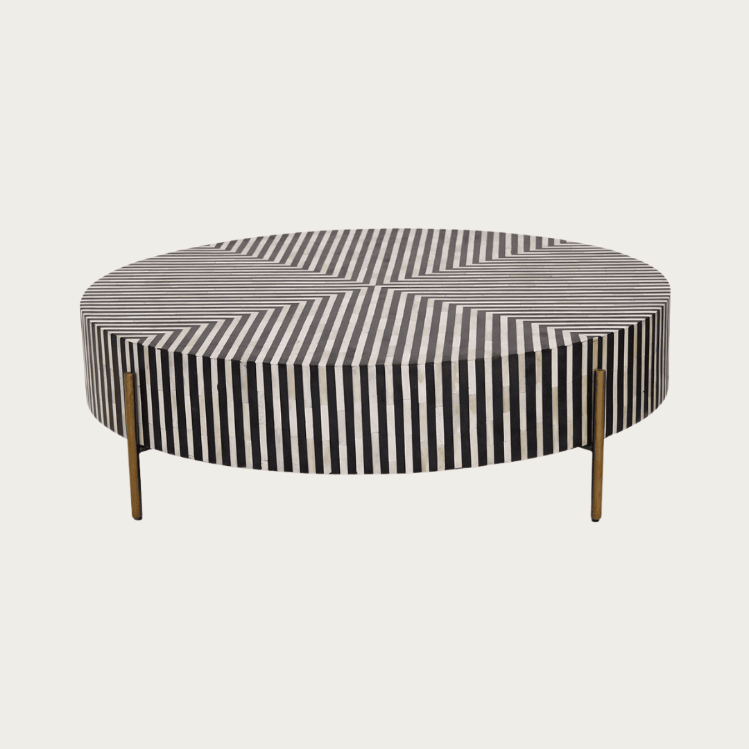 Round black bone inlay coffee table with striped