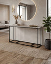 Bone inlay console table featuring geometric pattern in black and white with metal base, handcrafted furniture piece.