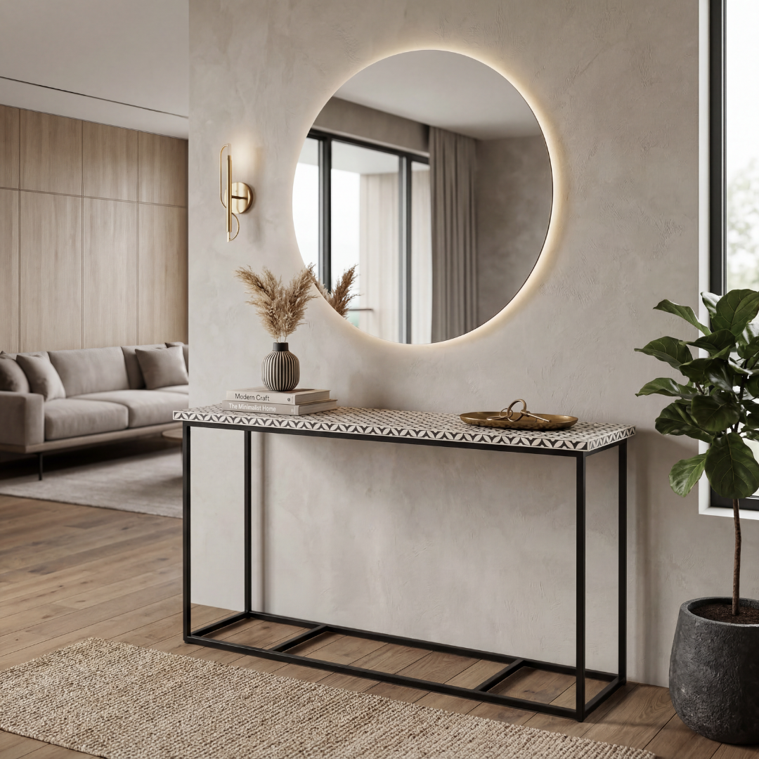 Bone inlay console table featuring geometric pattern in black and white with metal base, handcrafted furniture piece