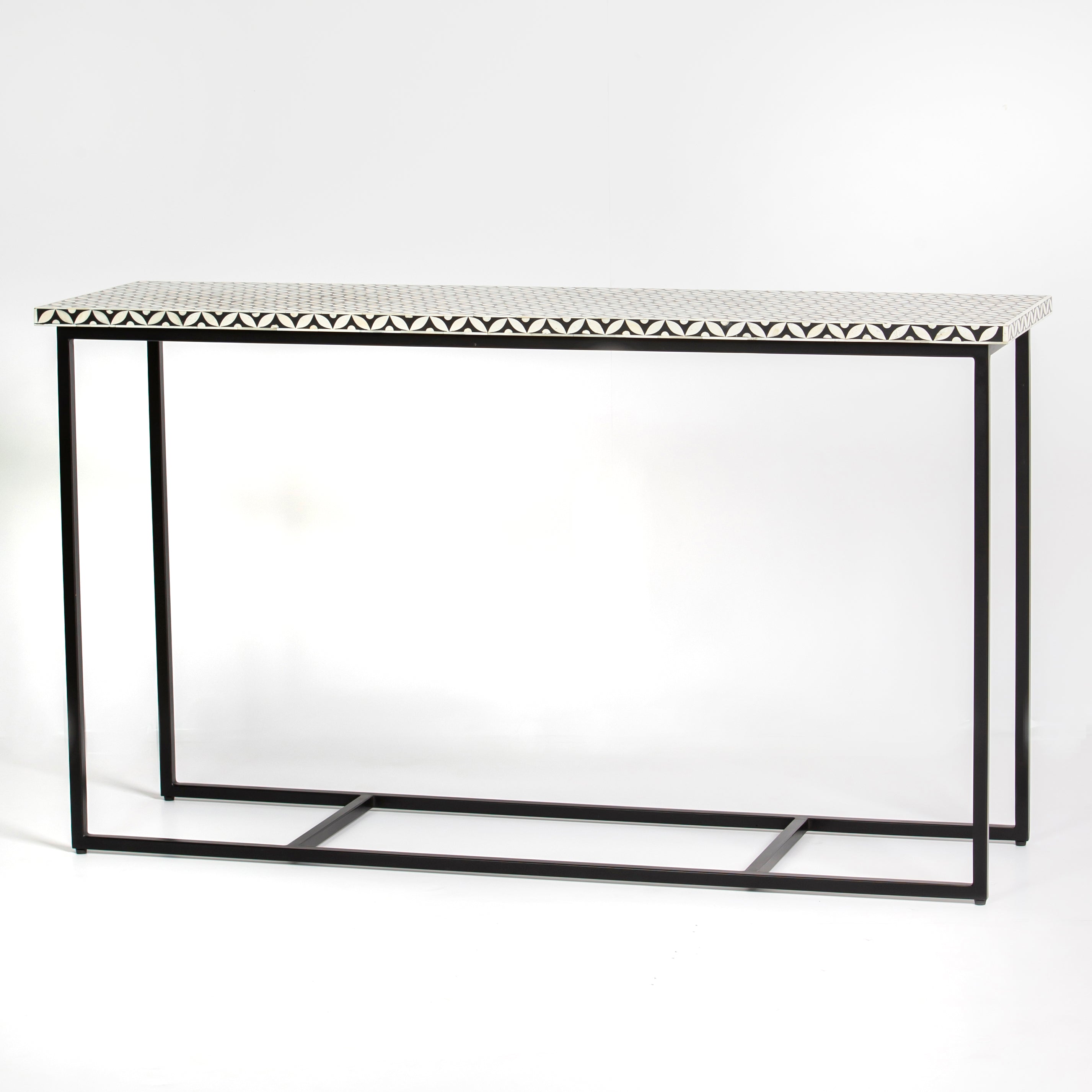 Bone inlay console table featuring geometric pattern in black and white with metal base, handcrafted furniture piece