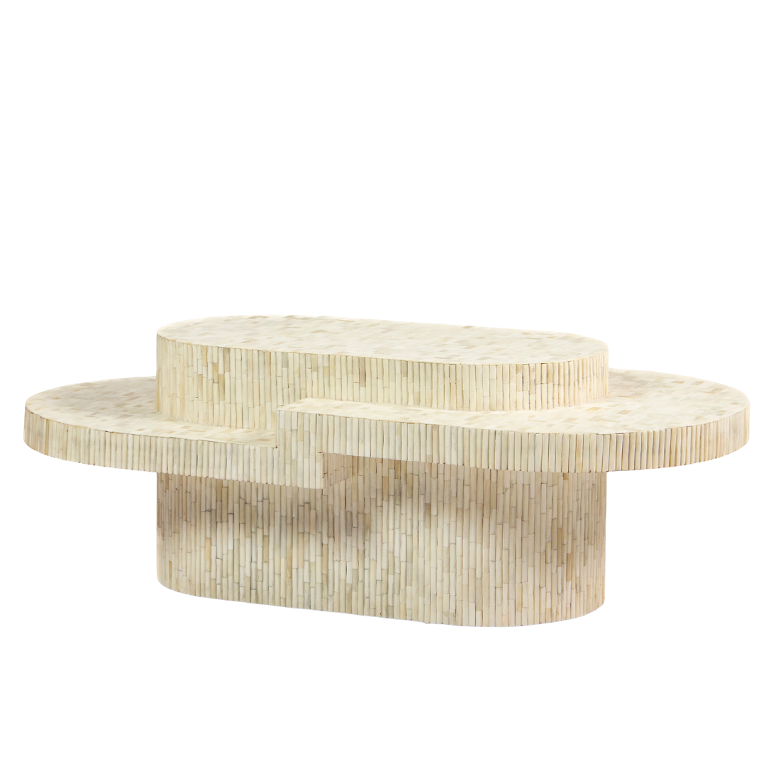 Sculptural bone carved coffee table with layered design in soft neutral tones, handcrafted with curved tiers and textured artisanal detailing.