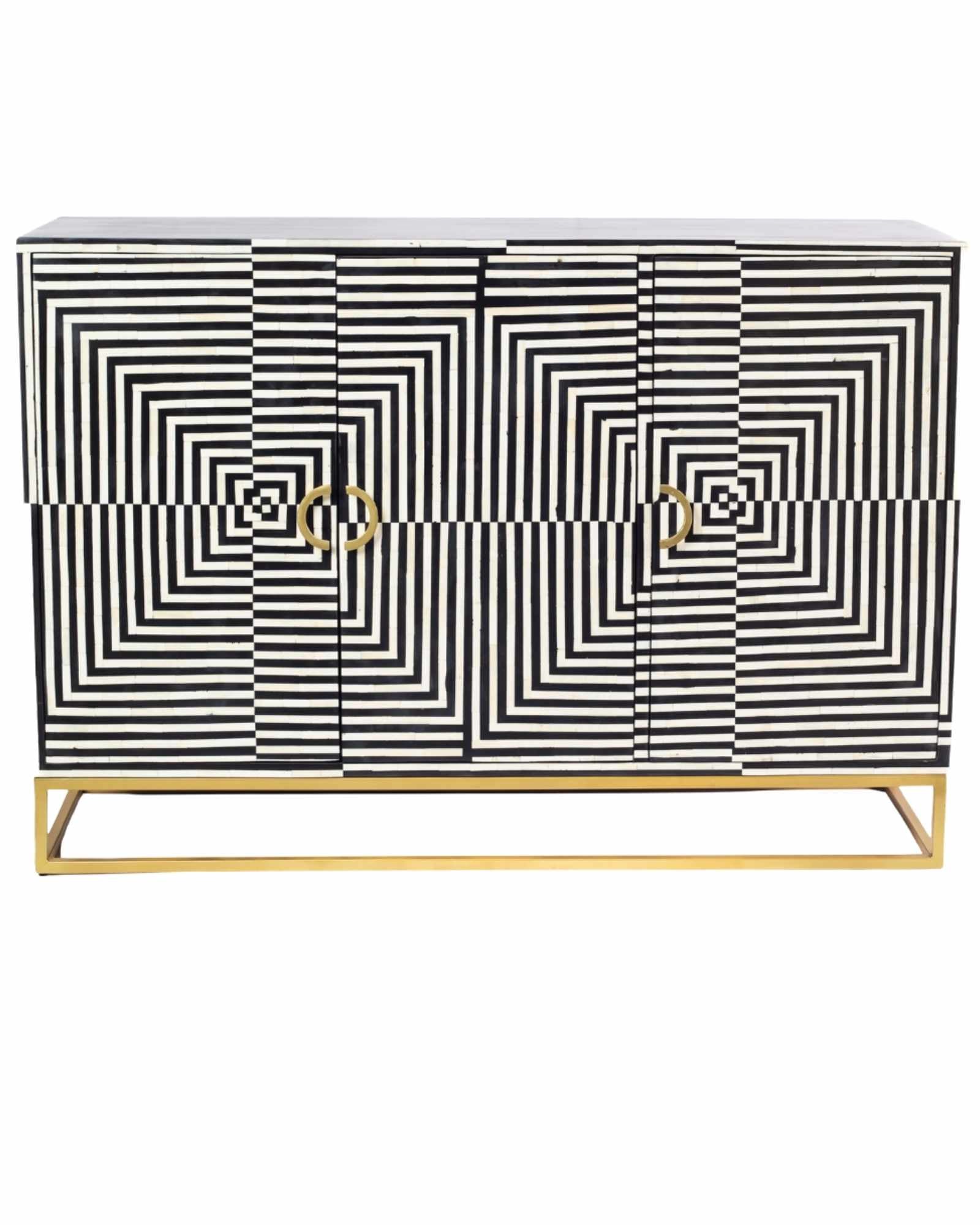 Black & White bone inlay cabinet in striped vine pattern, brass legs, and brass handles, handcrafted with spacious storage and artisanal charm.