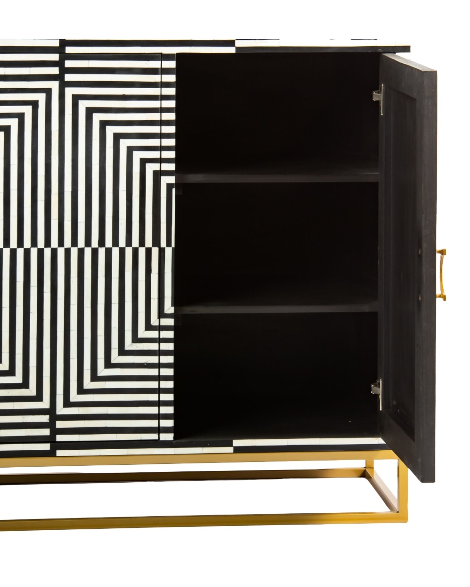 Black & White bone inlay cabinet in striped vine pattern, brass legs, and brass handles, handcrafted with spacious storage and artisanal charm.