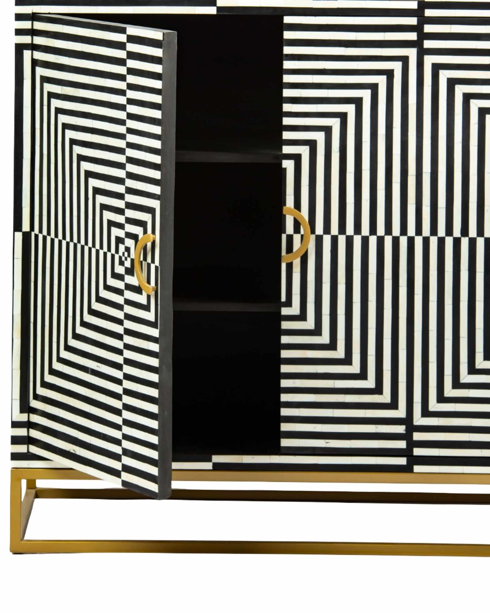 Black & White bone inlay cabinet in striped vine pattern, brass legs, and brass handles, handcrafted with spacious storage and artisanal charm.