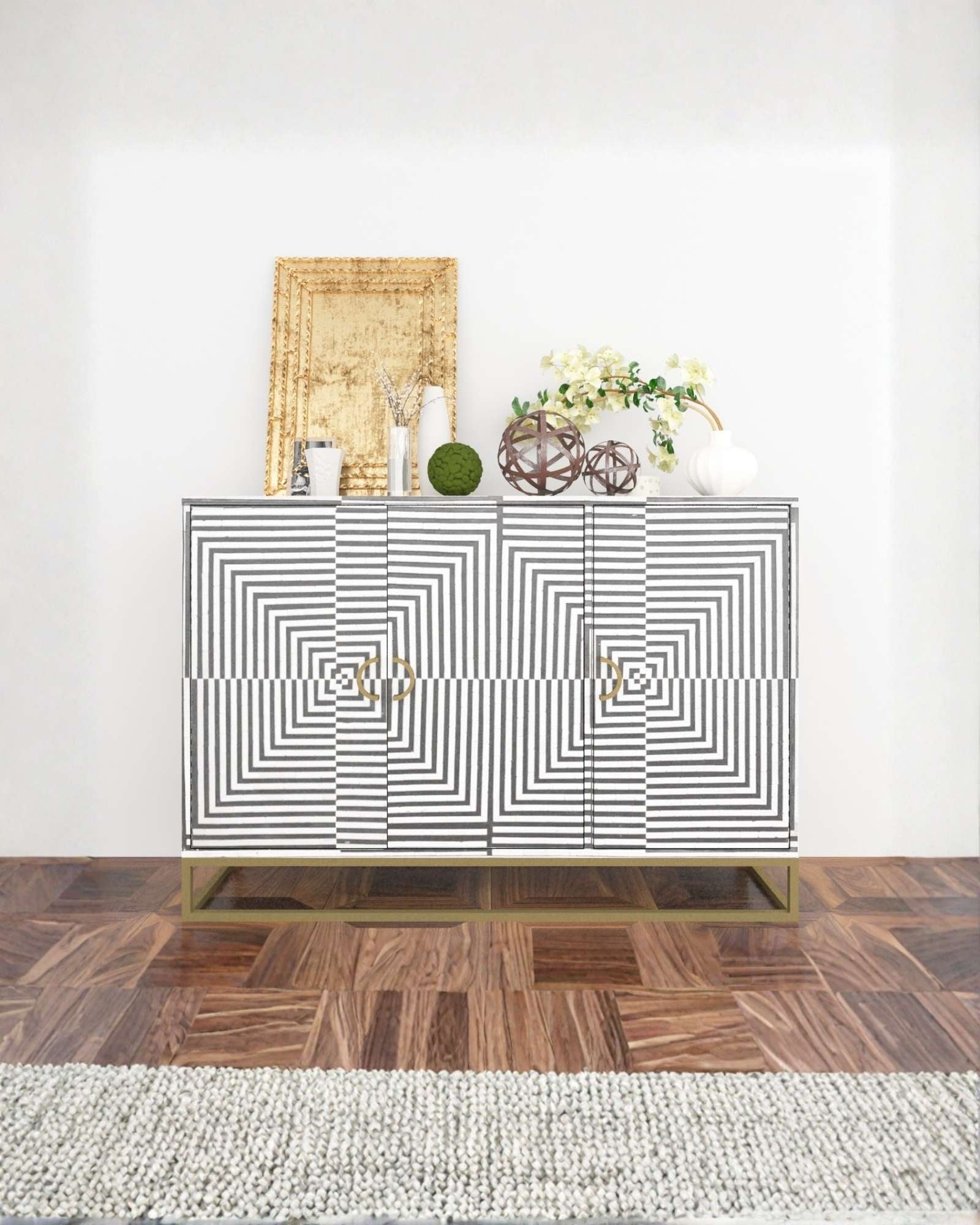 Handcrafted Grey cabinet with intricate bone inlay, featuring a striped pattern and sleek metal legs. A luxurious storage solution for any space.