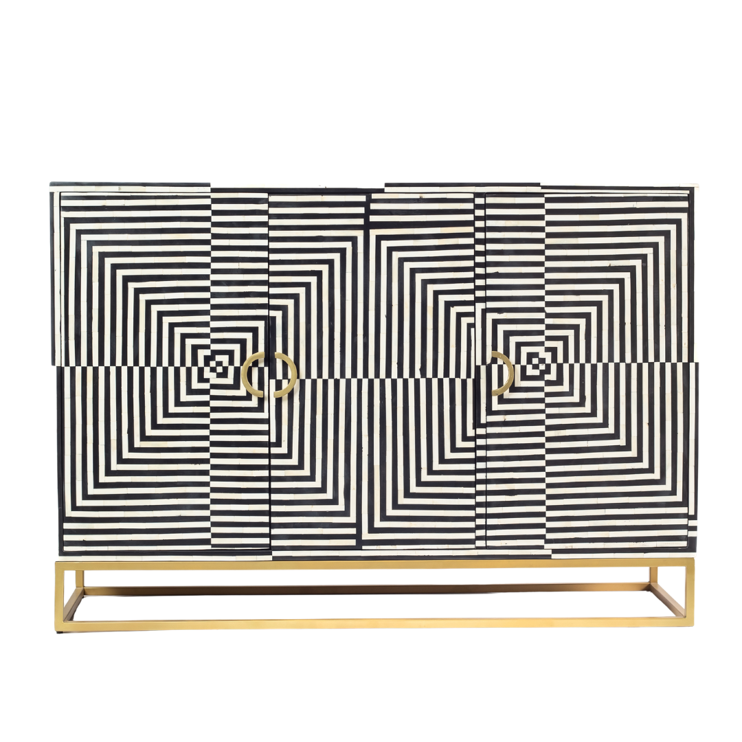 Black & White bone inlay cabinet in striped vine pattern, brass legs, and brass handles, handcrafted with spacious storage and artisanal charm.