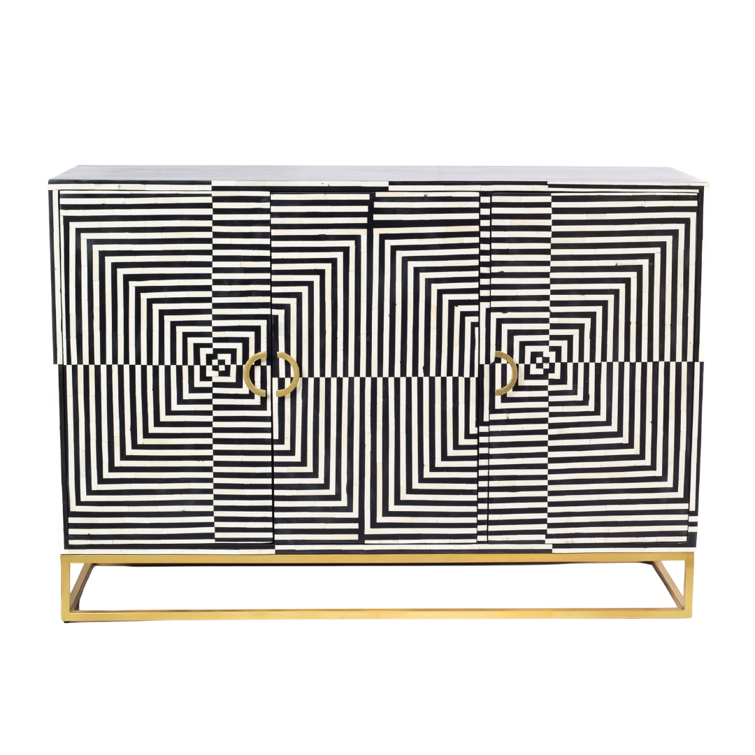 Black & White bone inlay cabinet in striped vine pattern, brass legs, and brass handles, handcrafted with spacious storage and artisanal charm.