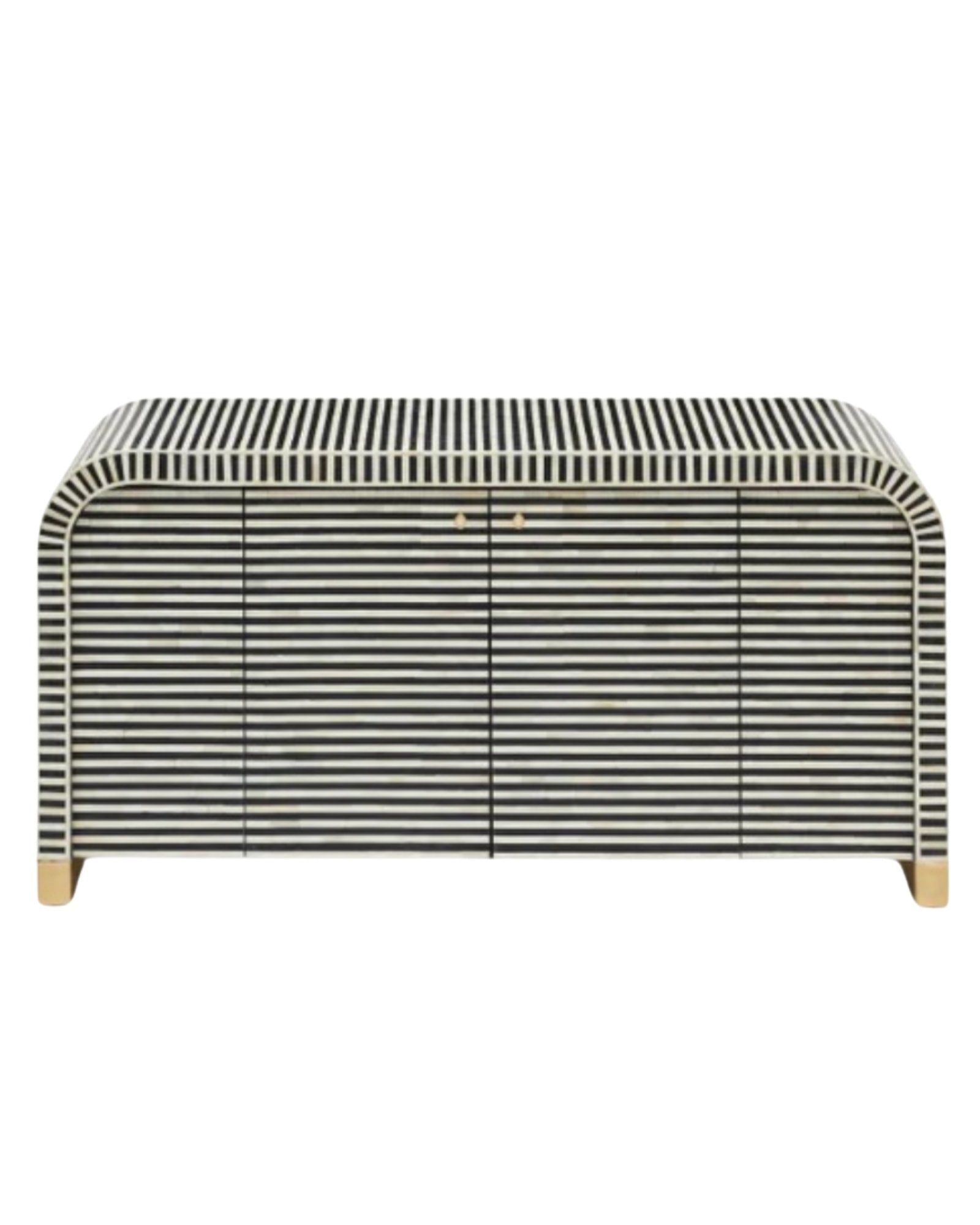 Handcrafted Black & White cabinet with intricate bone inlay, featuring striped pattern and sleek metal legs. A luxurious storage solution for any space.