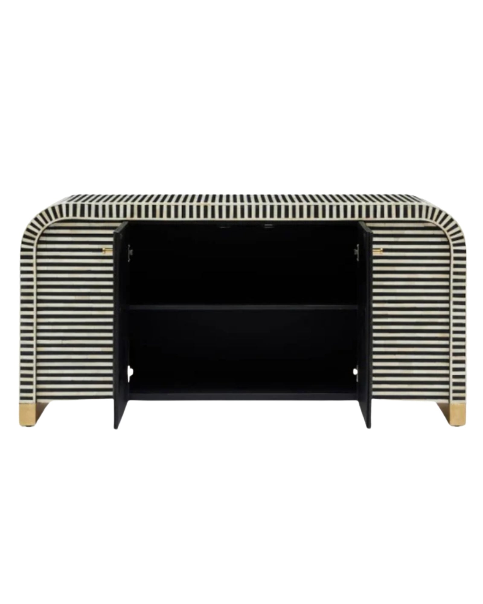 Handcrafted Black & White cabinet with intricate bone inlay, featuring striped pattern and sleek metal legs. A luxurious storage solution for any space.