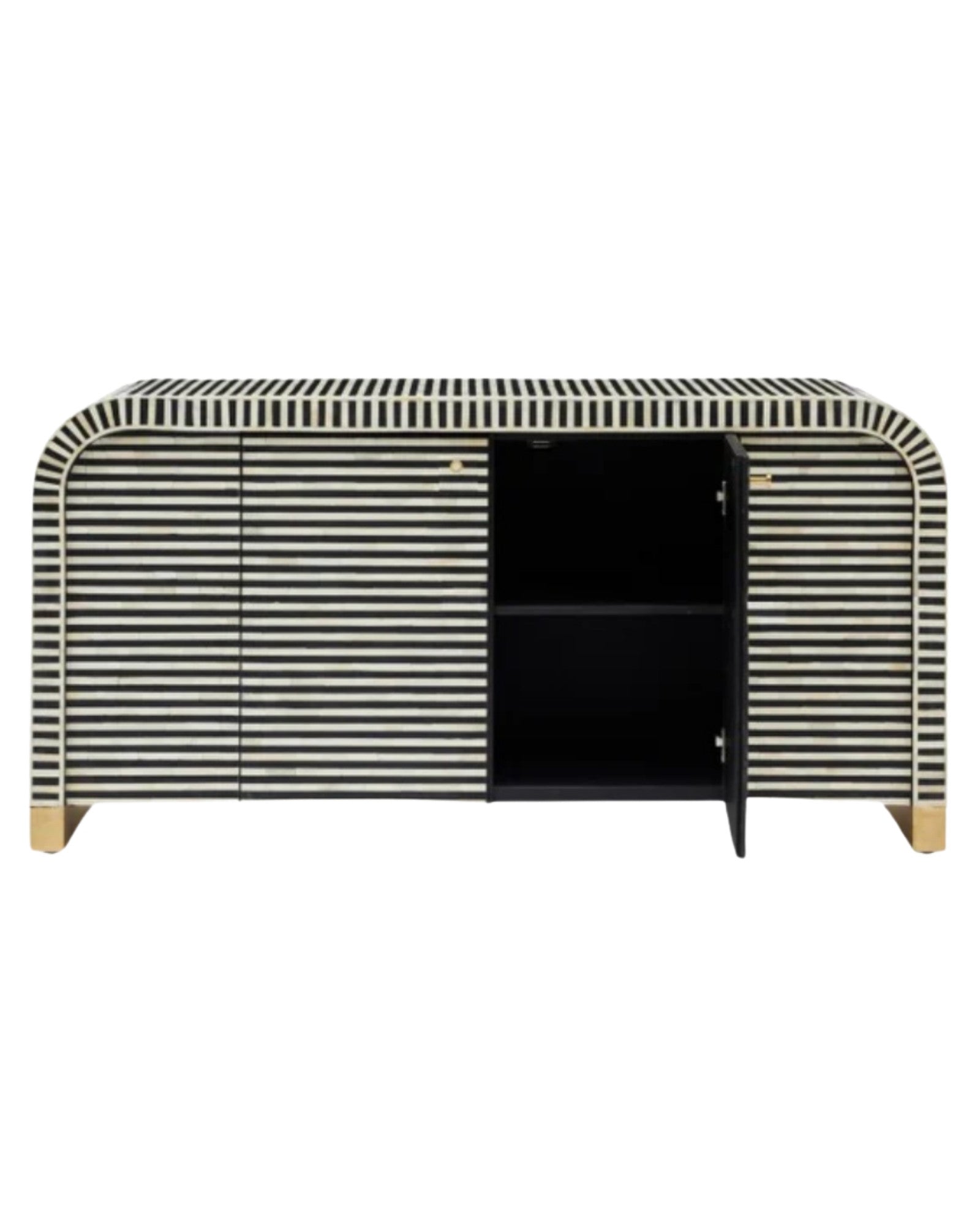 Handcrafted Black & White cabinet with intricate bone inlay, featuring striped pattern and sleek metal legs. A luxurious storage solution for any space.