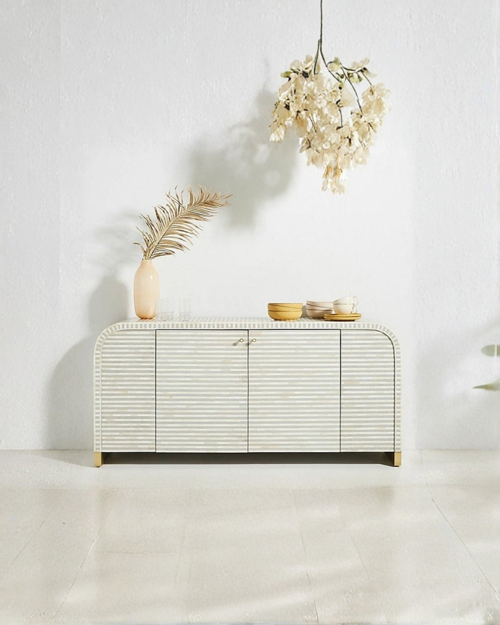 Handcrafted Pale Grey Bone Inlay Sideboard with intricate Bone Inlay, featuring striped pattern and sleek metal legs. A luxurious storage solution for any space.