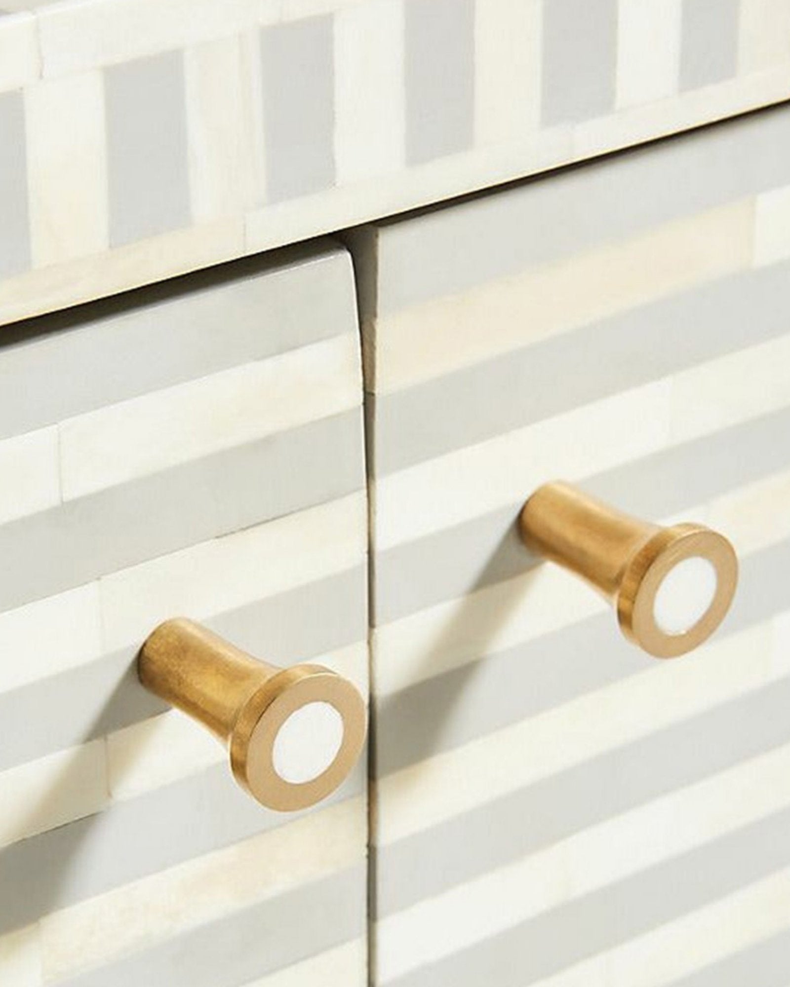 Handcrafted Pale Grey Bone Inlay Sideboard with intricate Bone Inlay, featuring striped pattern and sleek metal legs. A luxurious storage solution for any space.
