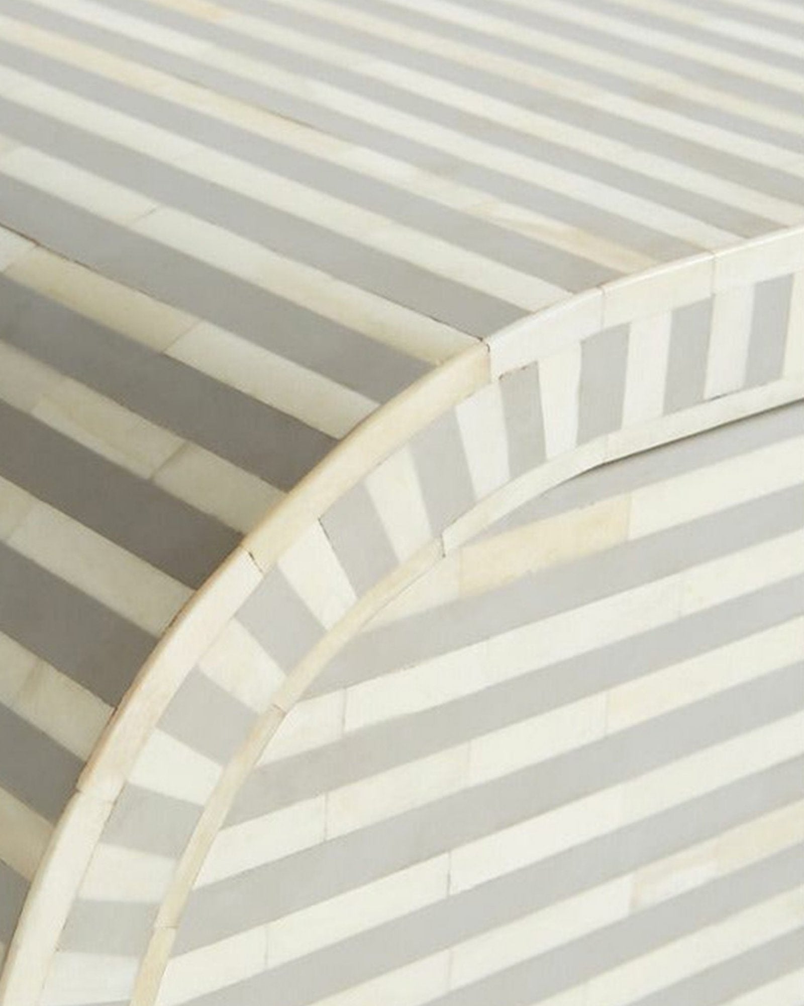 Handcrafted Pale Grey Bone Inlay Sideboard with intricate Bone Inlay, featuring striped pattern and sleek metal legs. A luxurious storage solution for any space.