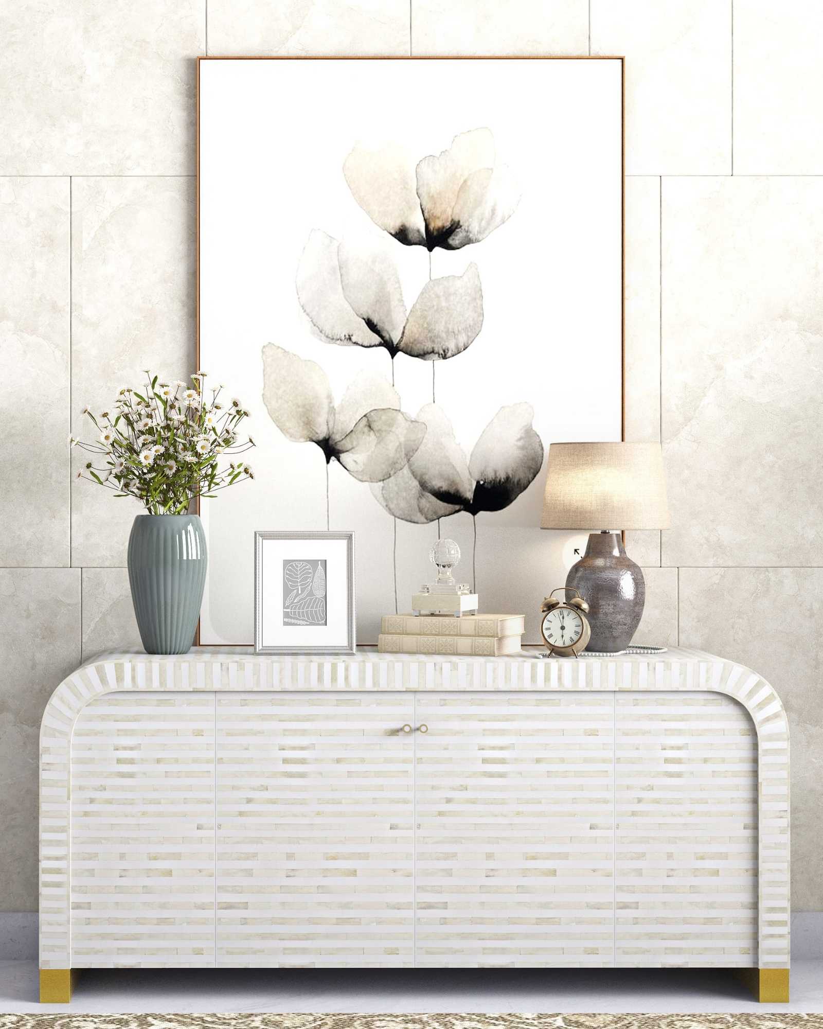 Elegant white bone inlay Lipari Cabinet with gold accents, handcrafted with intricate detailing and ample storage.